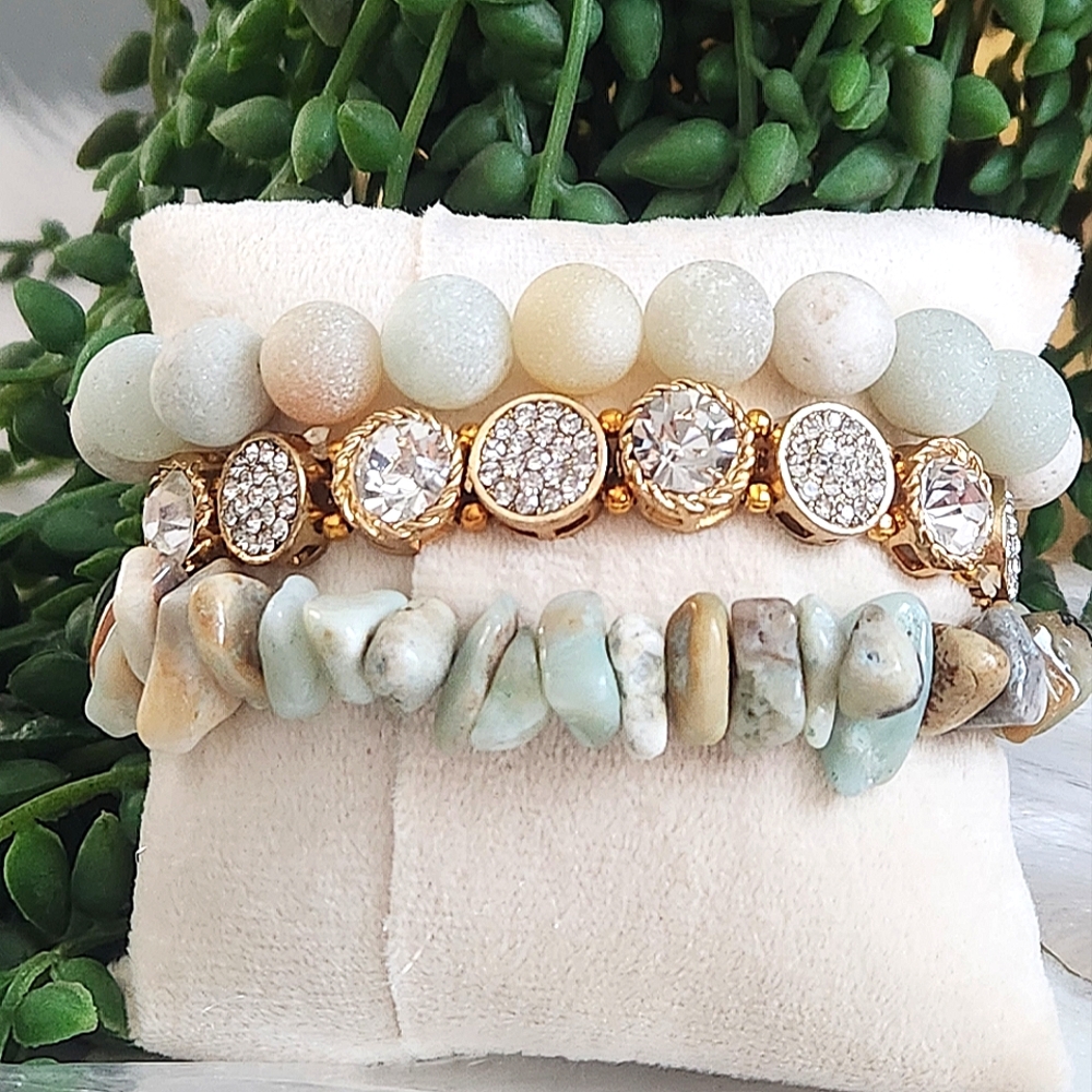 NWT Ryze 'Amber Pye' Natural Stone  Amazonite Arrowhead Staxx Bracelets-Set of 3 - Picture 2 of 9